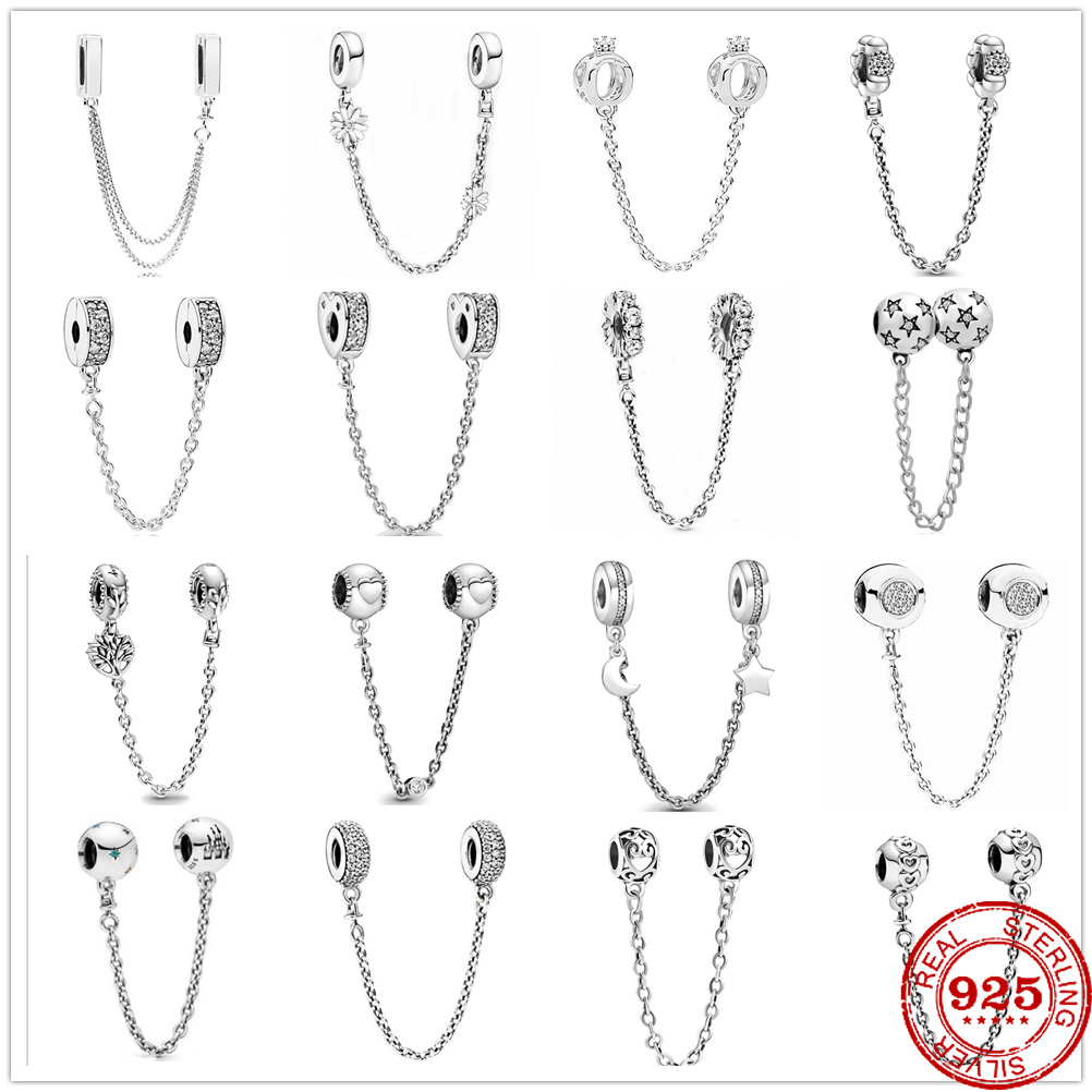 925 Sterling Silver Dangle Charm New Safety Chain Moon Flower Butterfly Queen Beads Bead Fit Pandora Charms Bracelet DIY Jewelry Accessories