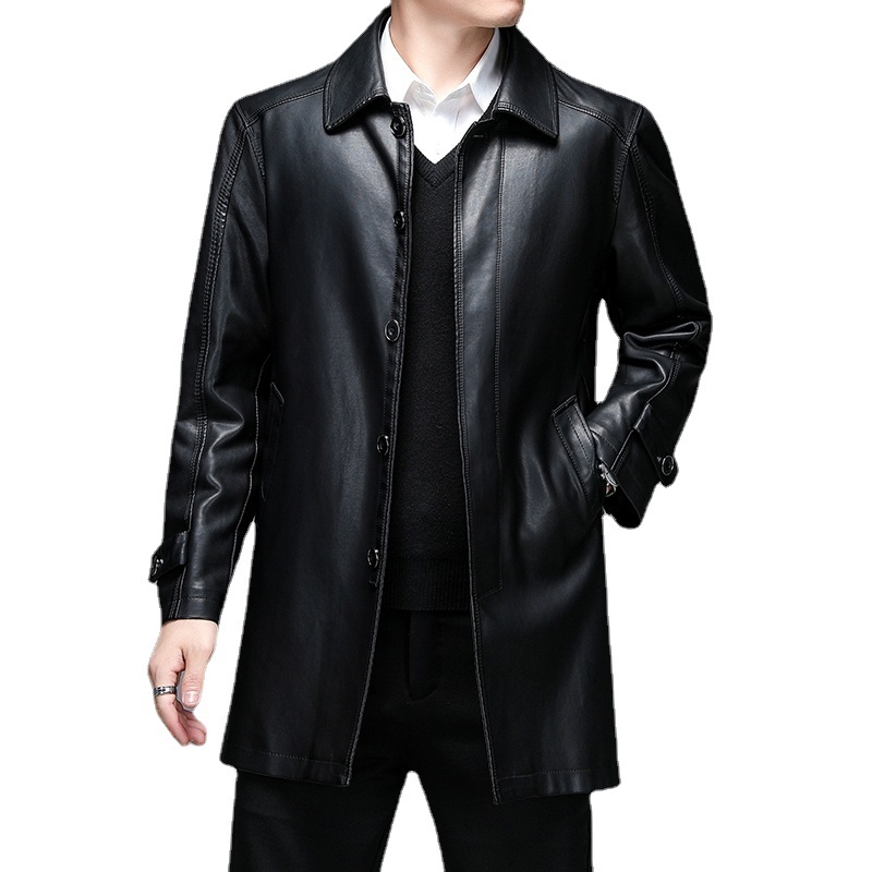 

Autumn Men's MidLength Leather Jacket Business Casual Suit Collar Leather Windbreaker Jacket Men Faux Leather PU Coat 220816, Black