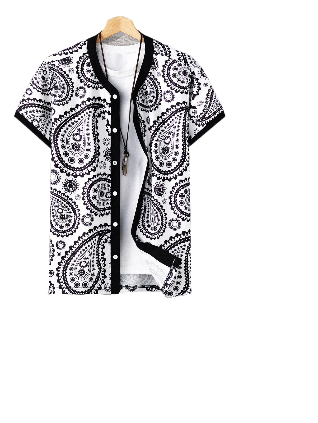 

men Paisley Print Shirt & Japanese Letter Graphic Shorts 869H#, Black and white