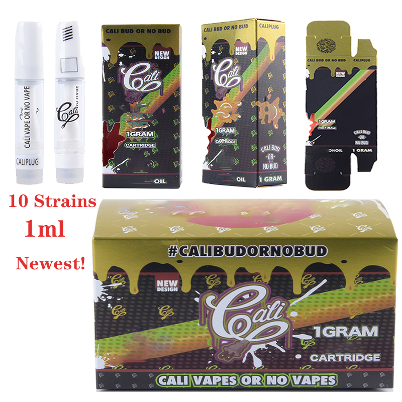 

New Packaging Cali Plug Carts Empty Atomizers 1.0ml Vape Cartridges Glass Tank Thick Oil Dab Wax Vaporizer E Cigarette 510 Thread Carts With Full Ceramic 10 Strains