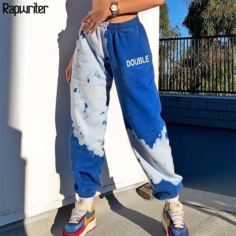 

Casual Tie Dye Print High Waist Sweatpants Joggers Women Autumn Harajuku Blue Long Wide Trousers Letter y2k Pants Rapwriter 201228, Blue pants