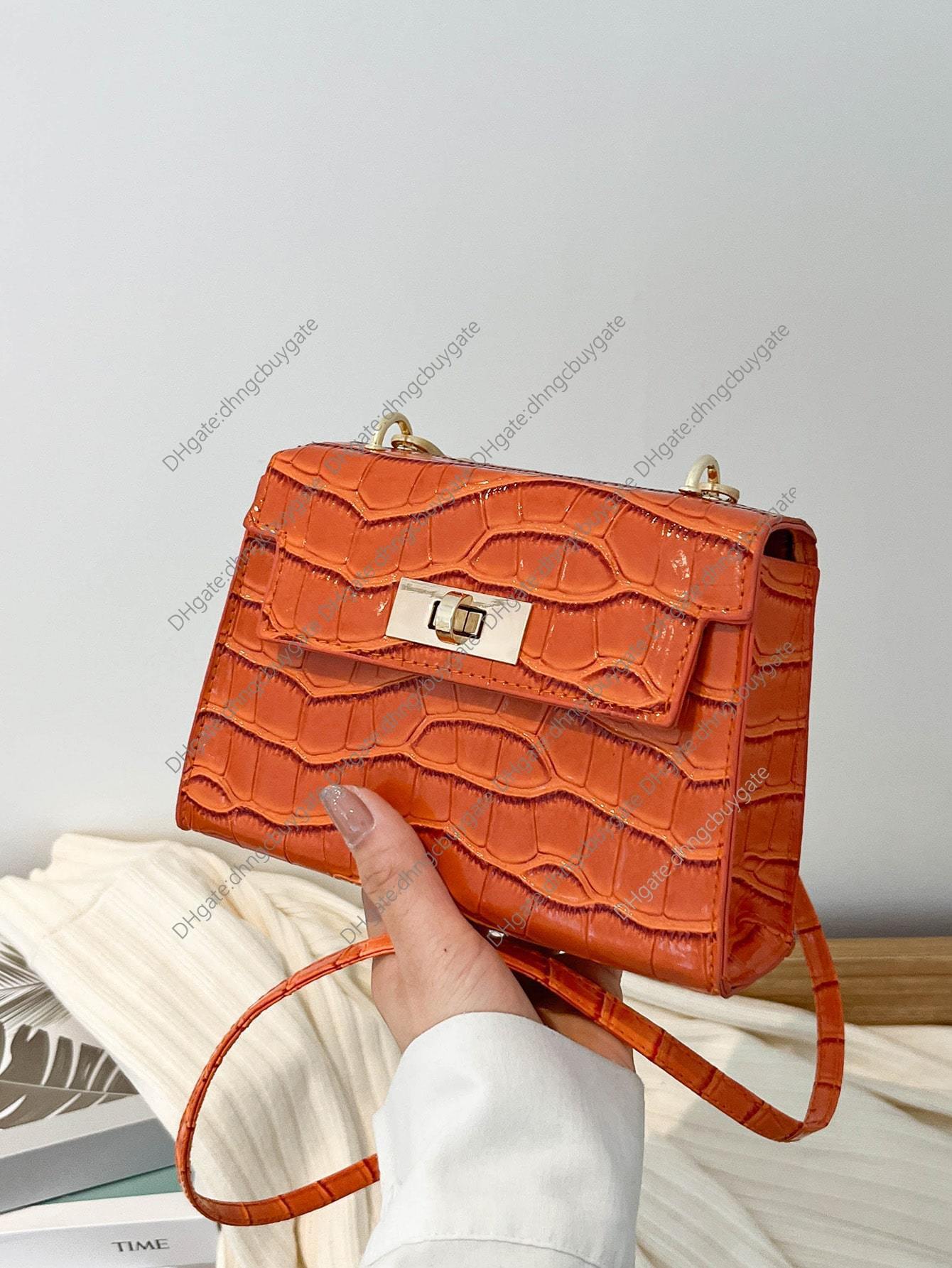 

Crocodile Designer Bag Embossed Metal Lock Detail Square Handbag Leather Luxury Brand Fashion Wallet crossbody bag Handbag Leather, Orange