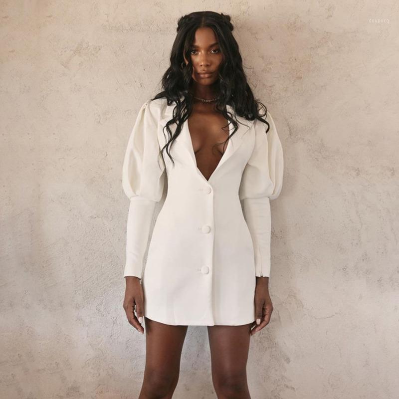 Robes décontractées automne hiver femmes robe blanche femme mode col cranté lanterne manches Sexy dame Streetwear pour la fête
