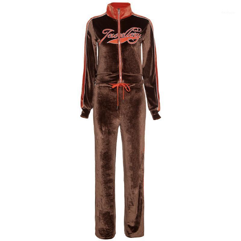 

Women' Two Piece Pants 2022 Fall Winter Set Letter Embroidery Top Coat And Female Streetwear Outfits Fashion Velvet Tracksuit, Brown