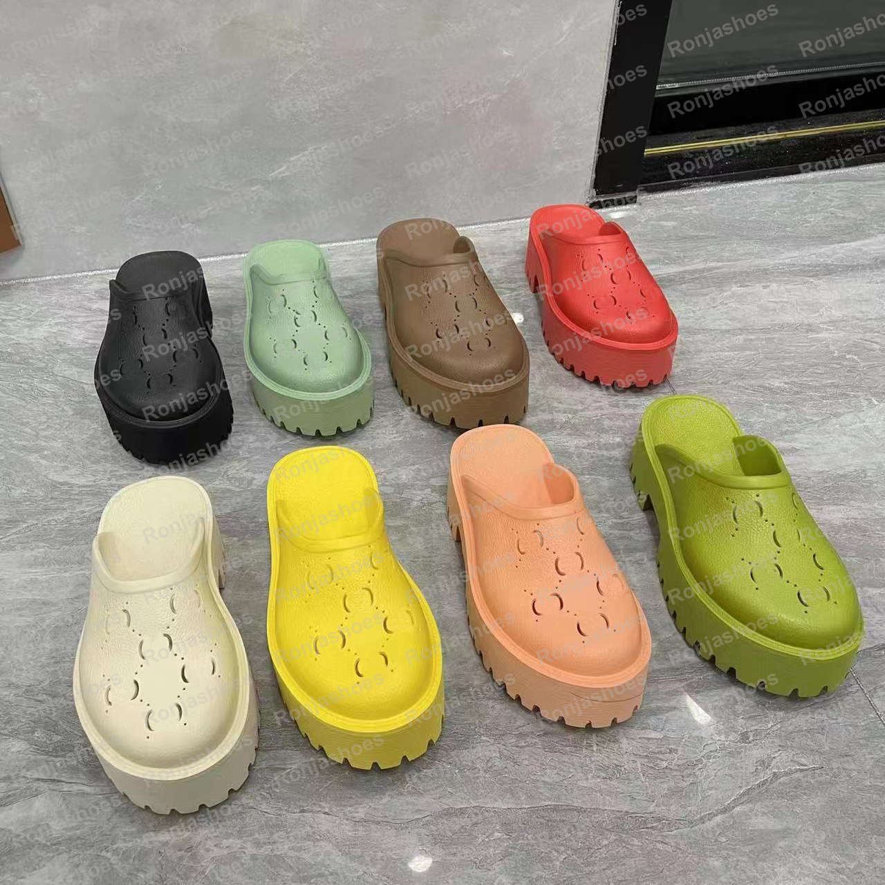 

2022 Designer Slippers men slip on Sandal women Hollow platform sandals slipper Jelly colors High Heel Summer Rubber lug sole mules With Box 35-45