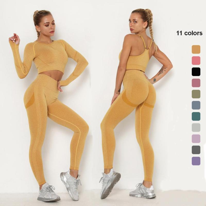 Tenue de Yoga sans couture femmes ensemble hanche-levage pantalons de course taille haute sport Leggings femme à manches longues chemise Gym Suit