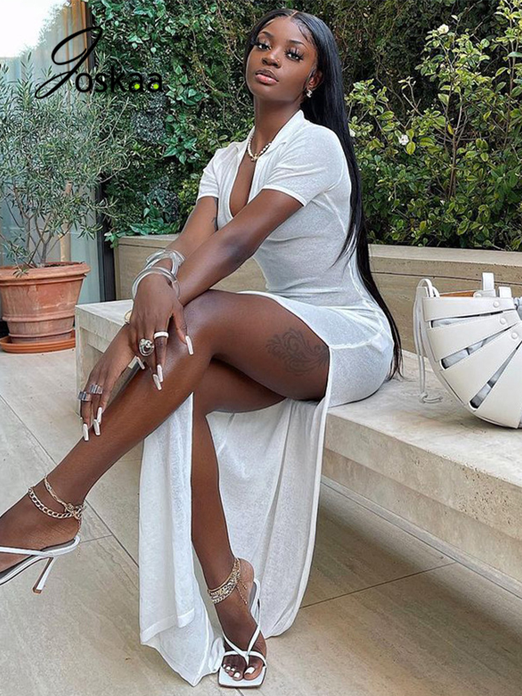 

Joskaa White V Neck Short Sleeve Bodycon Dress Women Sexy High Split Maxi Fashion Streetwear Autumn Party Clubwear 220613