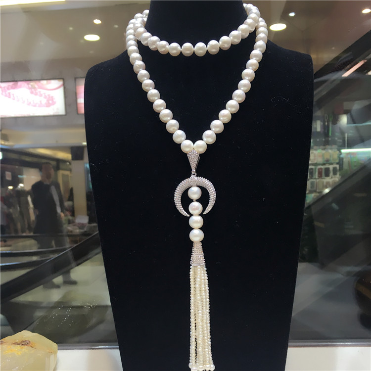 

Hot sell new super - American necklace 8-9mm natural white freshwater pearl long sweater chain micro zircon fashion jewelry