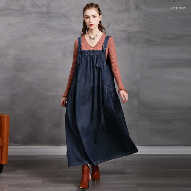 

Casual Dresses Johnature Women Denim Sleeveless Blue Vintage Patchwork Pockets 2022 Autumn Loose Female Clothes, Denim blue
