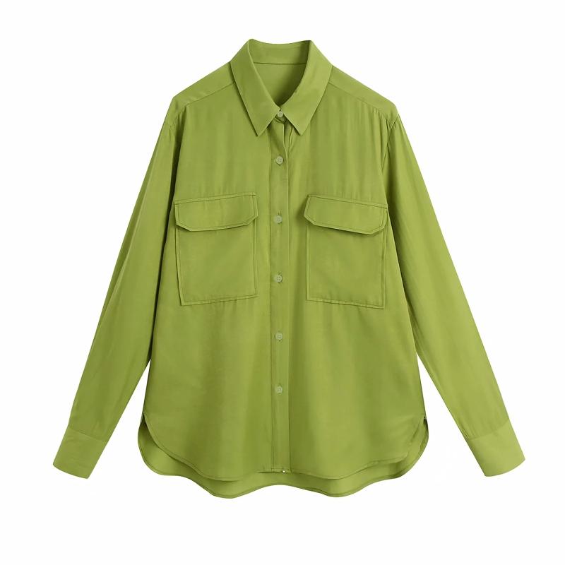

Women's Blouses & Shirts ShirtsBD Women Vintage Double Pockets Patch Solid Casual Slim Smock Blouse Office Lady Business Chic Blusas Tops, Green