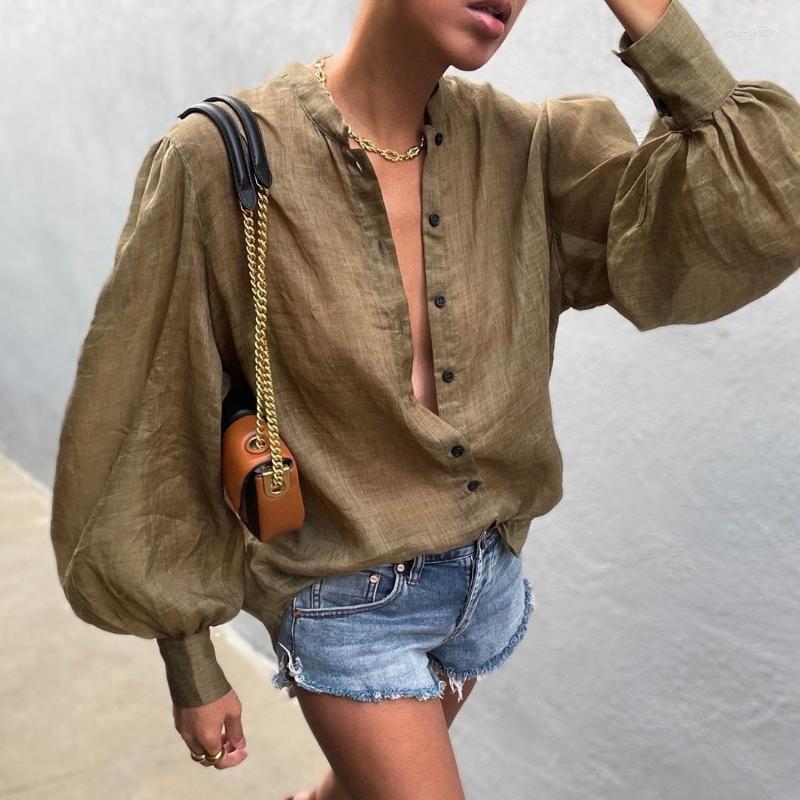 

Women' Blouses & Shirts Autumn Winter Fashion Cotton Plain Women Casual Puff Sleeve Oversized Blouse ShirtWomen' Chee22, Brown