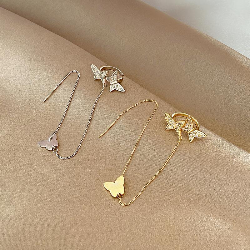 

Clip-on & Screw Back Long Tassel Butterfly Earrings Personality Trend Zircon Earring Lukewarm One-piece Ear Bone Clip EarringsClip-on