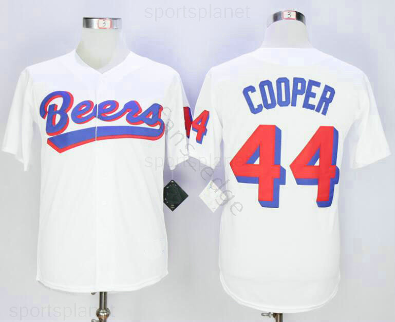 

Men Joe Coop Cooper #44 BASEketball BEERS Movie Jersey Button Down White Baseball Jerseys High Quality Fast Shipping 00147