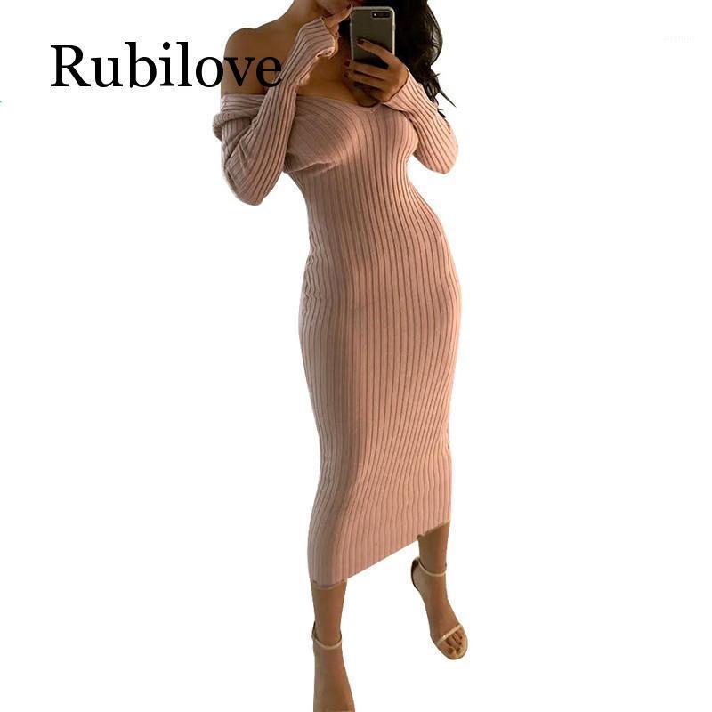 

Casual Dresses Rubilove Skinny Ribbed Sweater Dress Women Slash Neck Off Shoulder Long Sleeve Slim Sexy Longo Robe Femme, Gray