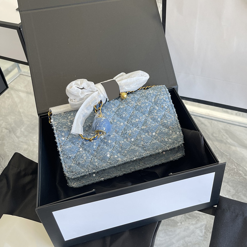 

2022Ss France Womens Denim Sequins Classic Mini Flap WOC Bags Wallet With Chain Purse Quilted Crush Ball Crossbody Shoulder Card Holder Designer Handbags 20CM, Box