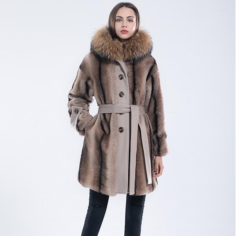 

Women' Fur & Faux OFTBUY 2022 Long Winter Jacket Women Real Coat Natural Raccoon Collar Hooded Belts Thick Warm Outerwear Streetwear, Photo color