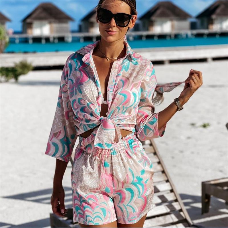 

Women' Tracksuits FUFUCAILLM 2pcs Beach Styles Satin Sets Women Fashion Scenery Pattern Button-down Shirts And Shorts 2022 Summer Casual, Pink