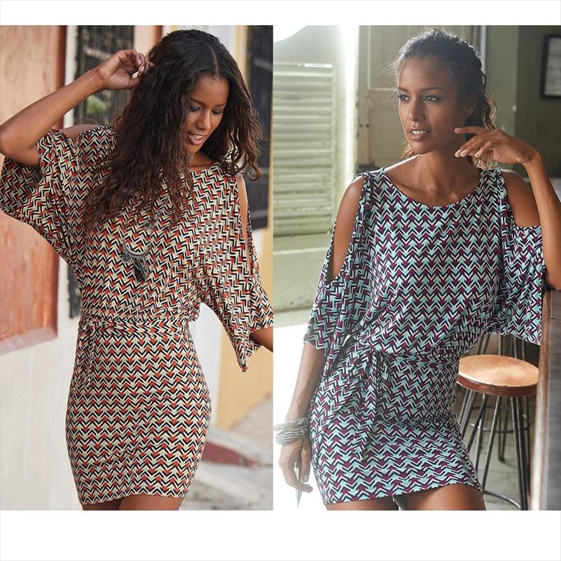 

Casual Beach Style Women Dress Summer Fashion Printing O-neck Half Sleeve Female Mini Off Shoulder Loose Lady, Color2