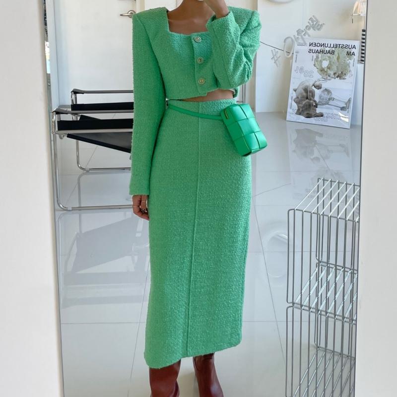 

Work Dresses Autumn Korean Temperament Slim Single-breasted Square Collar Tweed Jacket Short Tops High Waist Split Skirt Two-piece Suit, Green