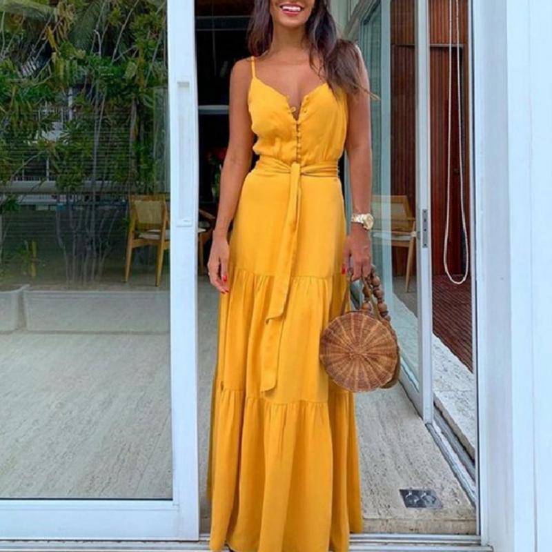 

Casual Dresses Stylish Maxi Dress With Button Cool Belt Strap DressCasual, Green