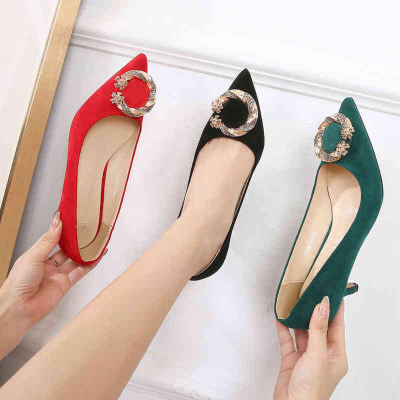 

HBP Dress Shoes High Heels Shoes Korean Fashion Pointed Shallow Mouth Sandals Women Rhinestone Buckle Thin Heeled Pumps 220523, Red
