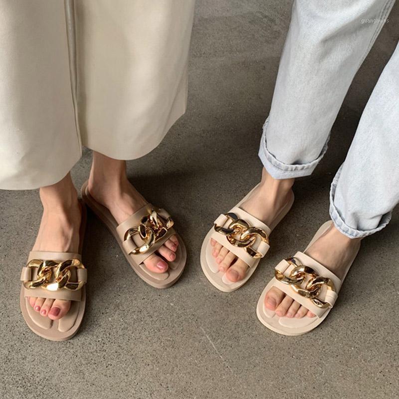 

Slippers 2022 Women Fashion Brand Gold Metal Chain Flat Heel Casual Slide Summer Outdoor Beach Sandals Ladies Flip Flops Shoes, Black