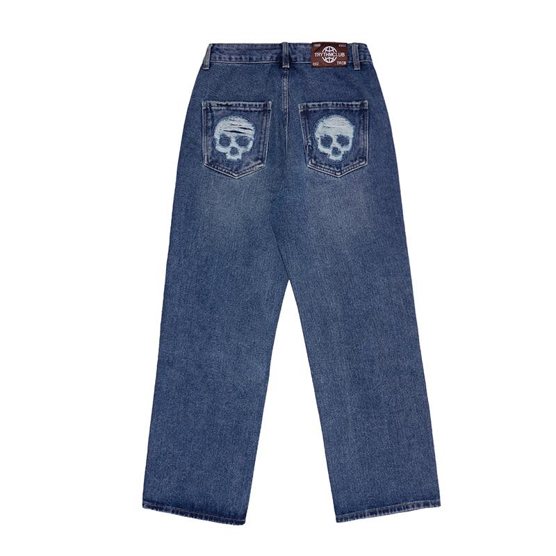 

Men's Jeans Cross Skull Embroidery Ripped Mens And Womens High Street Retro Washed Straight Oversized Hole Denim Trousers, Black