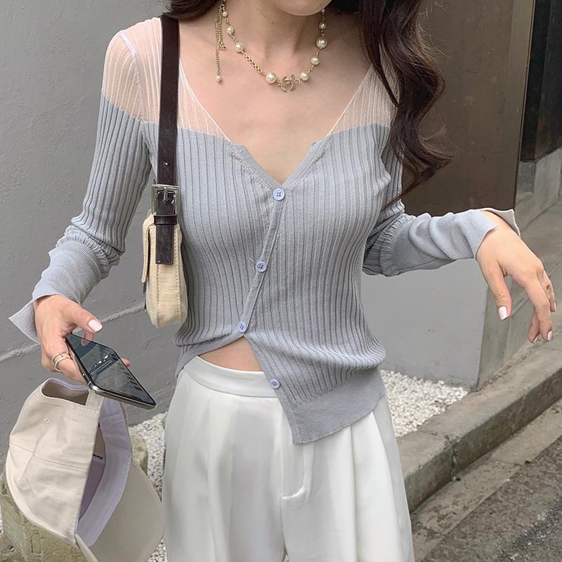 

Women's Knits & Tees Special Style Sexy V Neck Hollow-Out Sweater Slim Cardigan Knitwear With ButtonWomen's, Silver