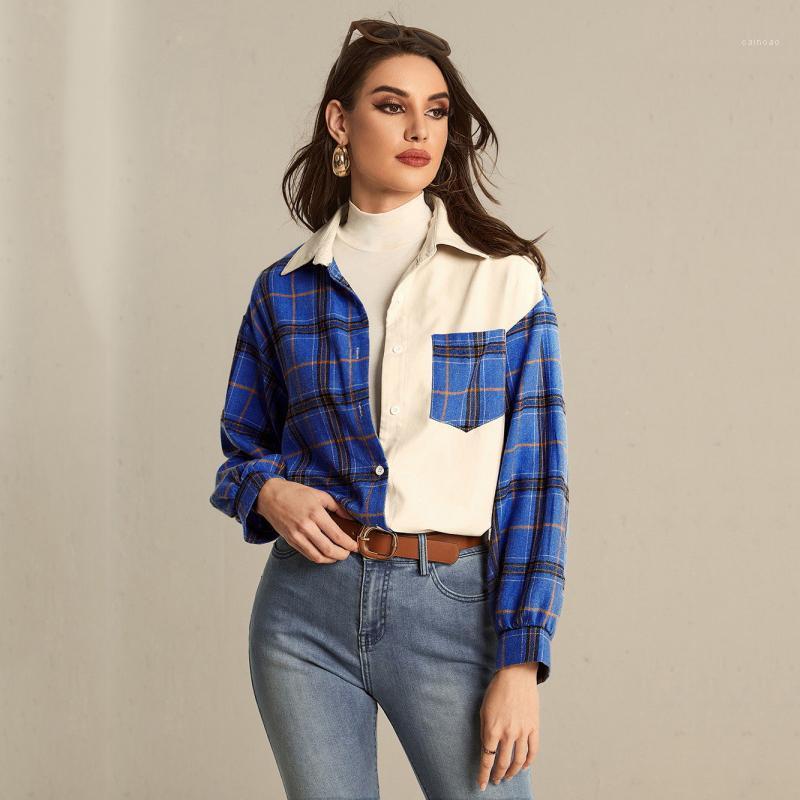 

Women' Jackets Lapel Shirt Plaid Print Stitching Long Sleeve Shirts Tops, Blue