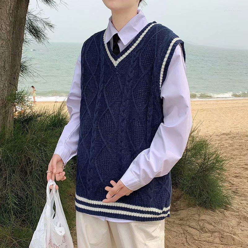 

Men's Vests Men's Knitted Vest Spring And Autumn Fashion Solid Color Striped Loose Sweater Casual Sleeveless V-neck Pullover TopMen's Ph, White