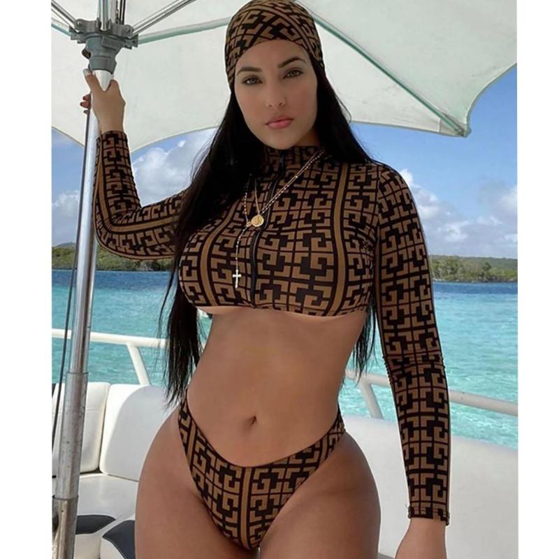 Women&#039;s Swimwear 2 Piece Set Vintage Print Bikini Plus Size Women Long Sleeve Zipper Crop Top Bathing Suit Swimsuit XL Biquini Maillot-image-760188948