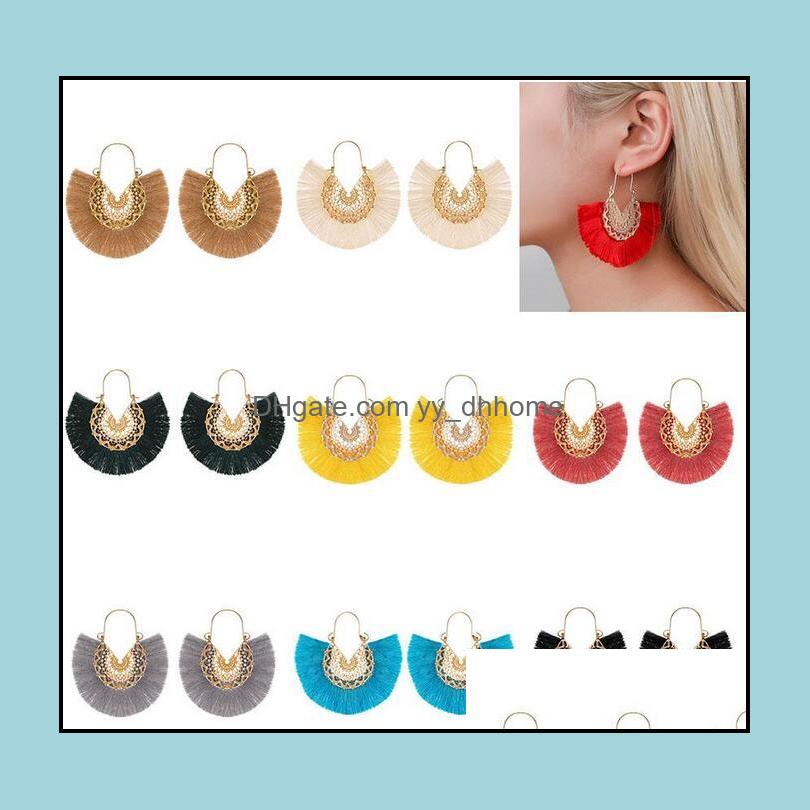 

Dangle Chandelier Earrings Jewelry Ethnic Style 10Colors Fan Shape Tassel Pendant Hollow Alloy Fringe Eardrop Charm Ear Hooked Women Earri