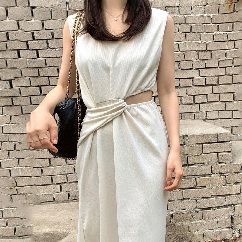 

Casual Dresses SuperAen 2022 Summer Solid U-neck Kink Design Hollow Out Waist Sleeveless Straight Knitted Vest Dress For WomenCasual, Black