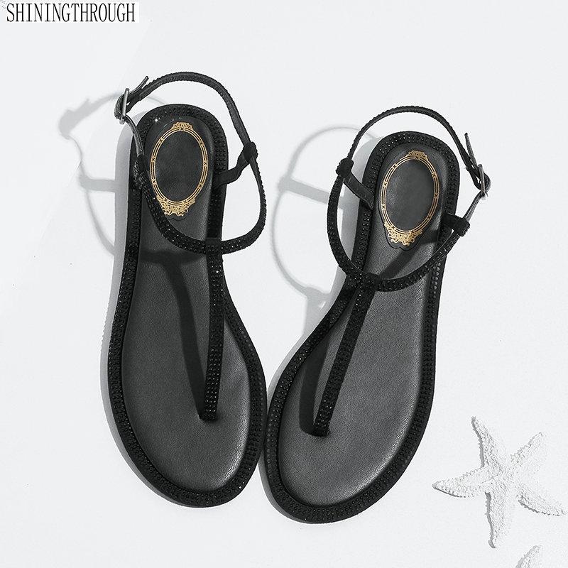 

Sandals 2022 Ankle-Strap Shoes Women Flat Crystal Band Summer Girl Flip Flops Big Size Bohemia, Black
