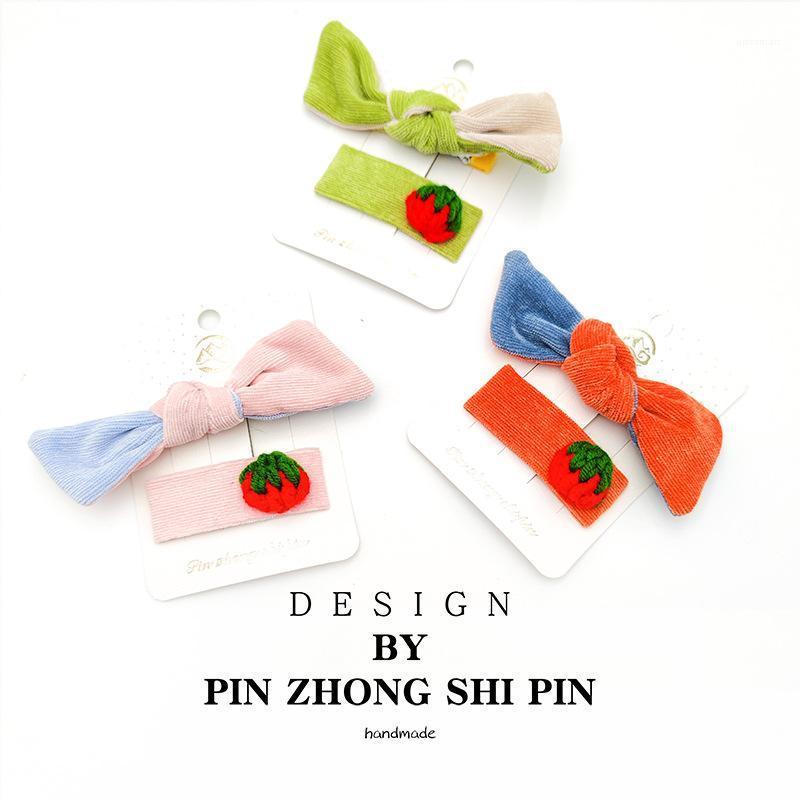 

Hair Accessories 2022 Korean Version Of The Corduroy Bevel Cute Bow Hairpin Children's Fresh Strawberry Broken Bb Clip Side Jewelry, Pink
