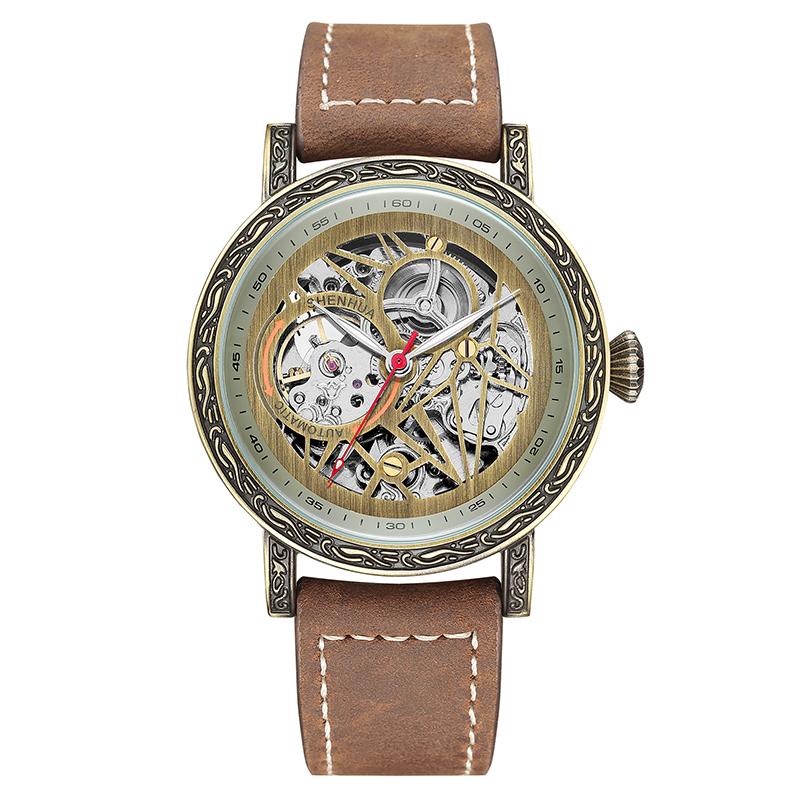 

Wristwatches Automatic Self-Wind Men's Mechanical Unique Retro Pattern Design Business Gift Brown Leather StrapWristwatchesWristwatches