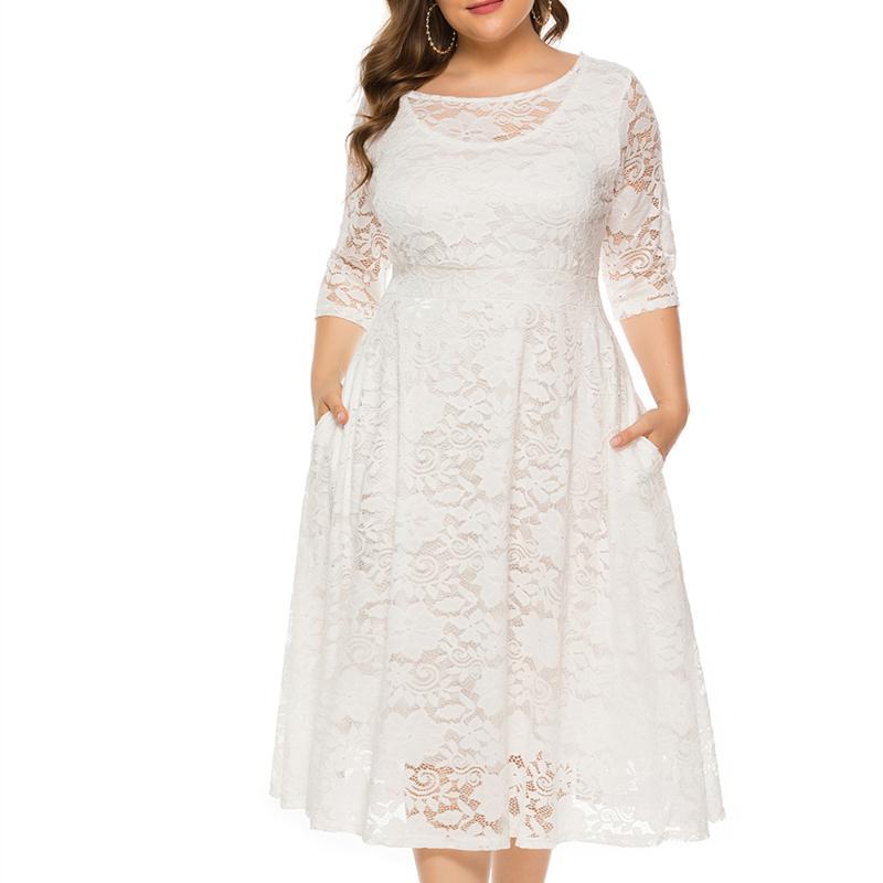 

Women's Plus Size Tracksuits Dresses JHBeute Round Neck Evening Dress Luxury Women Midi Skirt Hollow Elegant Lace High Quality Pocket Femme, Gray