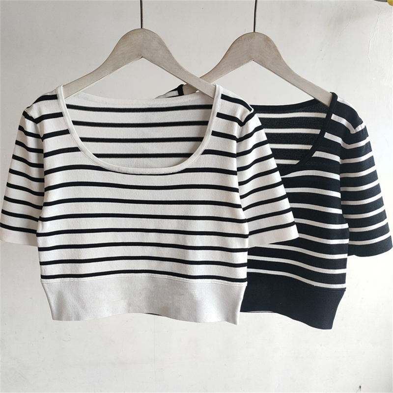 

Women' Knits Crop Top Fashion Letter Stripe Black White Shirt Summer Tees Blouse Short Sleeve Round Neck Breathable T-Shirt Leisure, Extra shipping cost