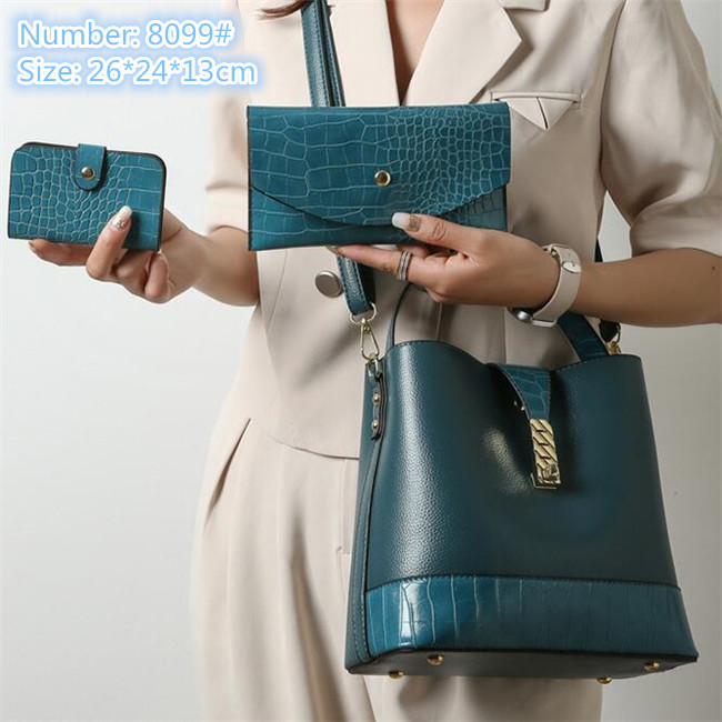 

Wholesale ladies leather shoulder bags large capacity three-piece retro bucket bag elegant stone pattern women handbag Joker blue fashion mobile phone coin purse, Blue11-8099#