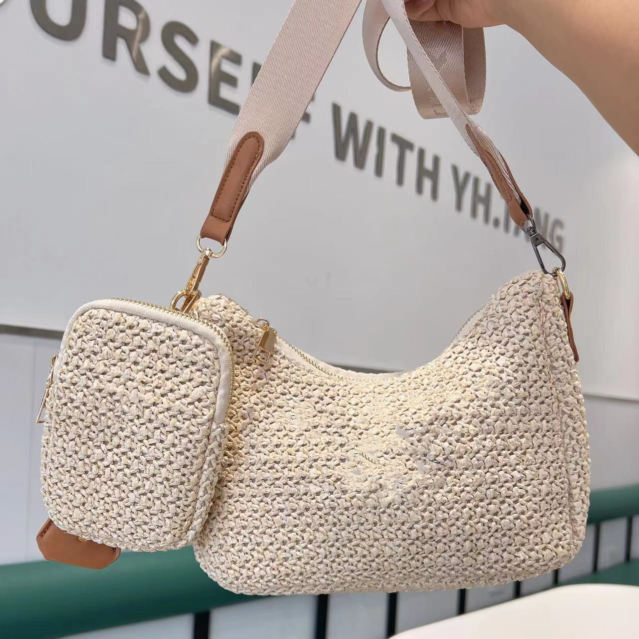 

Designer Cleo Armpit Straw bags Women Handbags with coin purse Hobo Bag Shoulder Fashion Crossbody Axillary Underarm Stuff Sacks, Khaki