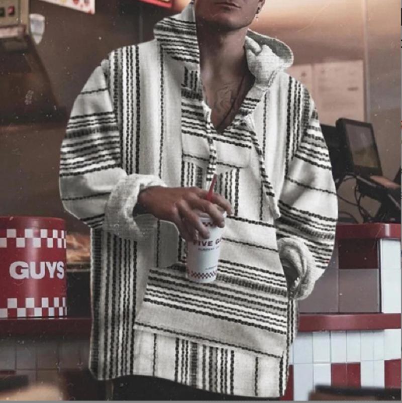 

Men' Hoodies & Sweatshirts European And American Fashion Simple Loose Retro Line Pattern Big Pocket Hooded SweaterMen, White