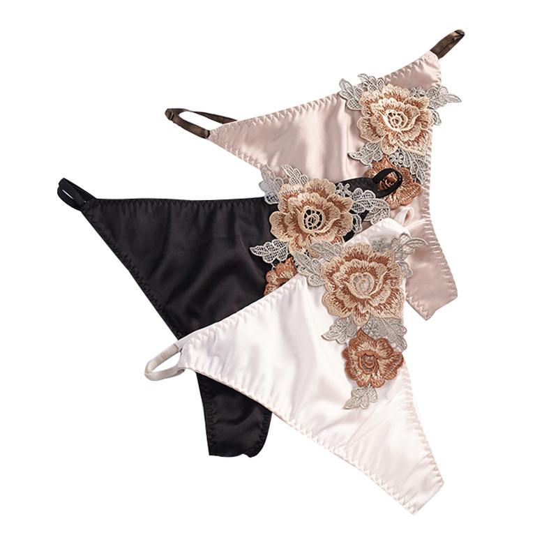 

Women's Panties Sexy Thong Underwear Heavy Silk Embroidery Large Flower Adjustable Ribbon Women's WomenWomen's, Creamy-white