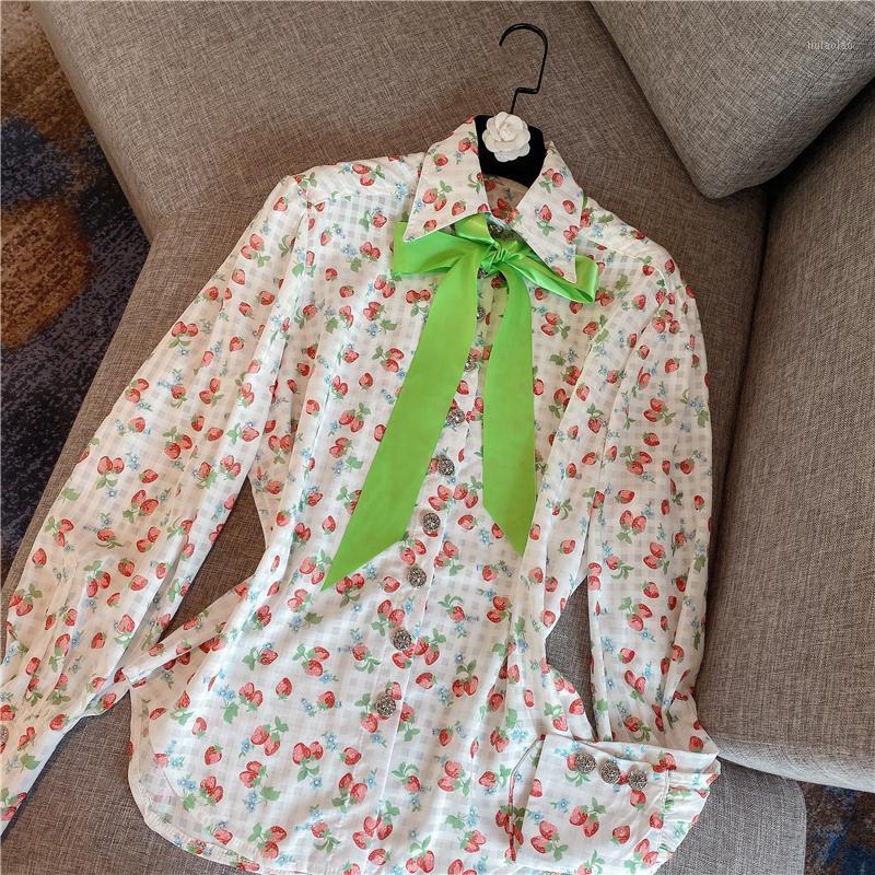 

Women' Shirt Summer Long Sleeve Blouse Girl' Puff Bow Plaid Sun-Proof Clothing Small Strawberry Printed Blusas - Blouses & Shirts, As picture