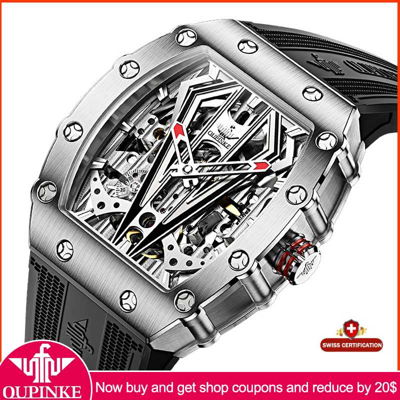 

Wristwatches OUPINKE Top Skeleton Design Automatic Mechanical Watch For Men Waterproof Cilicone Watchstrap Wristwatch Male, Silver red face