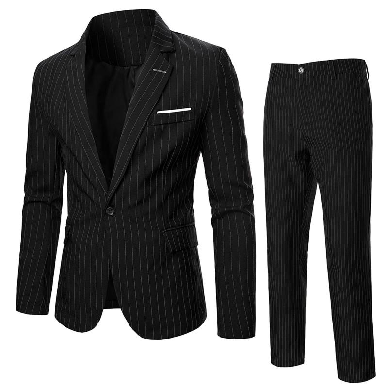 

Men' Tracksuits Trousers Banquet Two-piece Winter And Welcome Suit Striped Dress High-end Men Suits & Sets For Plus Size, Black