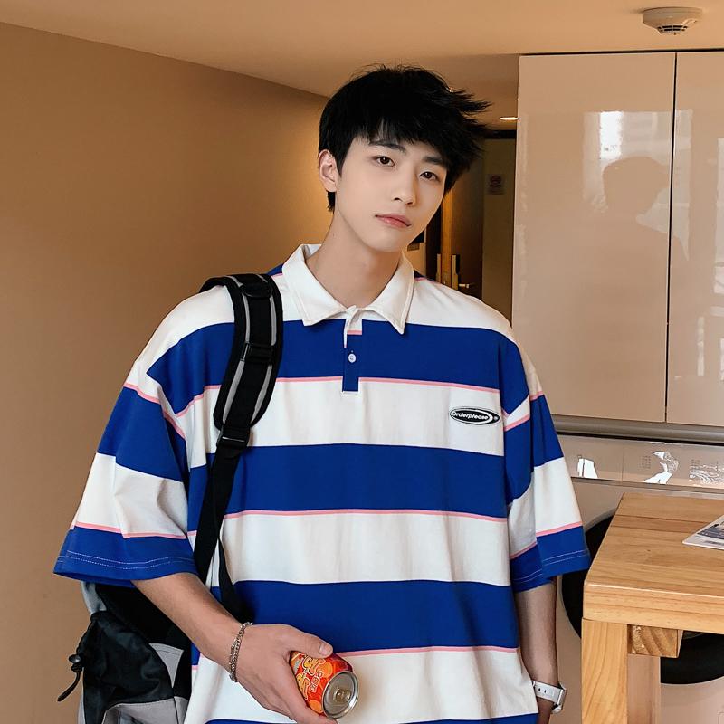 

Men's Polos Loose Fit Striped Shirt Mens Korean Fashion Trends Oversized Streetwear Tops Teenage Summer Casual Golf Tees Preppy ClothesMen's, Blue