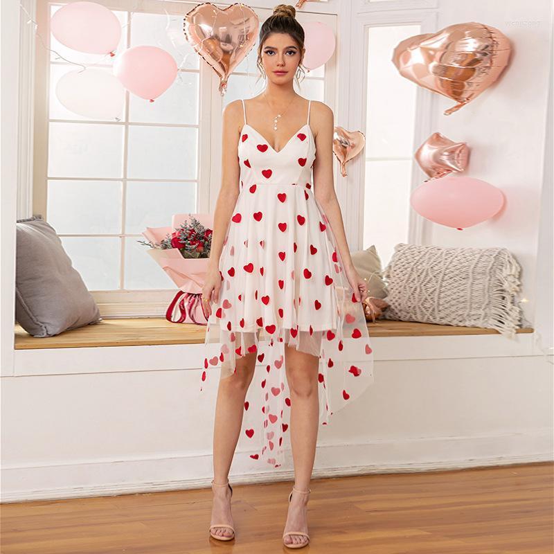 

Casual Dresses Women's Valentine's Day Dress 2022 Robe Love Heart Print Party Sexy Summer Spaghetti Strap For Clothing, Red