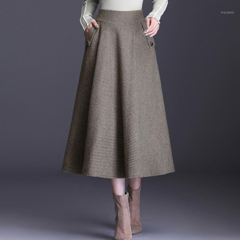 

Skirts Winter Woolen Women 2022 High Waist Female Saia Plus Size ~3XL Vintage Plaid Midi A-Line Long Office Woman Wool Skirt, Khaki