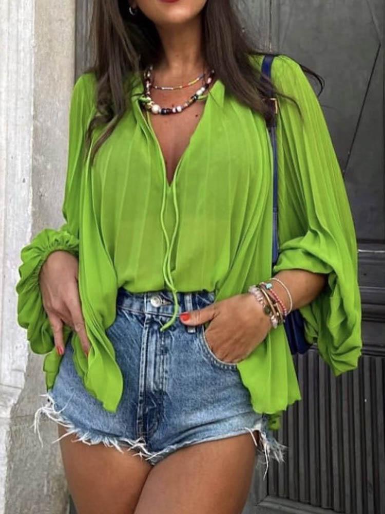 

Women' Blouses & Shirts Kumsvag 2022 Summer Women Loose Tops Smock Fashion V-Neck Long Sleeve Pleated Female Street Thin Top ClothingWomen