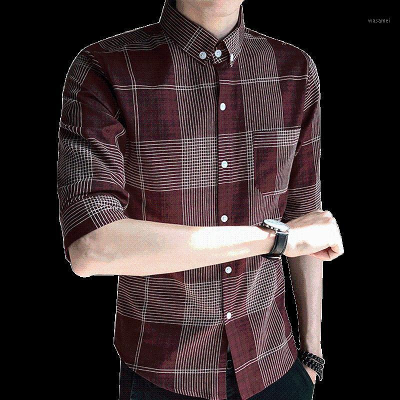 

Loldeal Half-sleeved Shirt Men Striped Chest Pocket Decorated Slim Fit Men's Casual Shirts, Brown